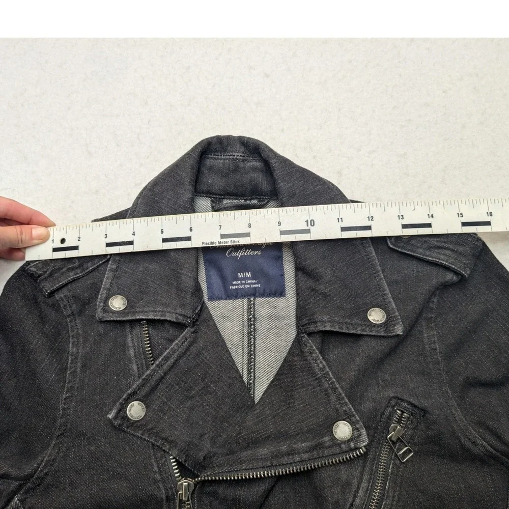 American Eagle Denim Moto Jacket Womens Medium Black Asymmetrical Zip Biker - Picture 8 of 9